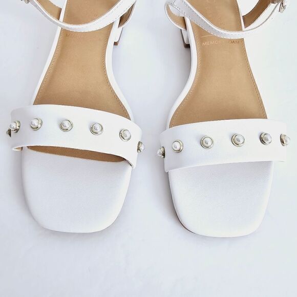 New! Faux Leather White Pearl Block Heel Square Toe Bridal Sandals - Picture 3 of 9